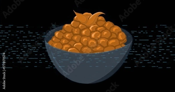 Fototapeta Floating gray-blue bowl containing orange bean-shaped pieces and swirl garnish over glitch backdrop
