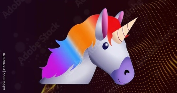 Fototapeta Stylized unicorn head with horn glowing in digital abstract backdrop, with colorful flowing mane