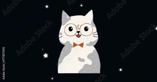 Fototapeta Displaying white-gray cat wearing orange glasses and bow tie in night sky, with glowing stars