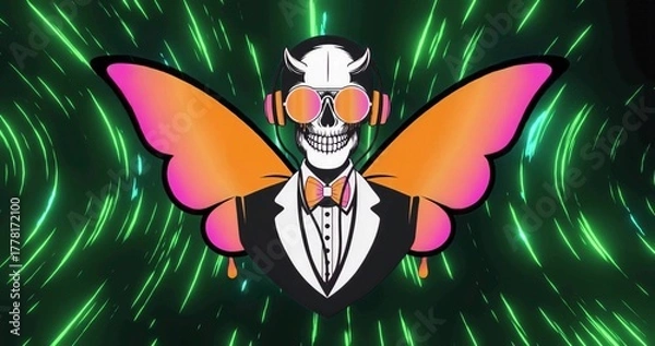 Obraz Skeleton standing in neon-lit scene wearing tuxedo and bow tie, shades, headphones, butterfly wings