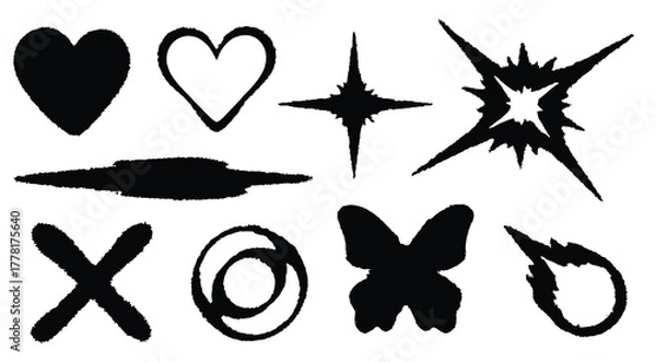 Obraz Abstract Graphic Shapes Elements Set. Collection of Hand Drawn Hearts, Exploding Stars, and Dynamic Motion Streaks. Artistic Sticker Template Vector Illustration