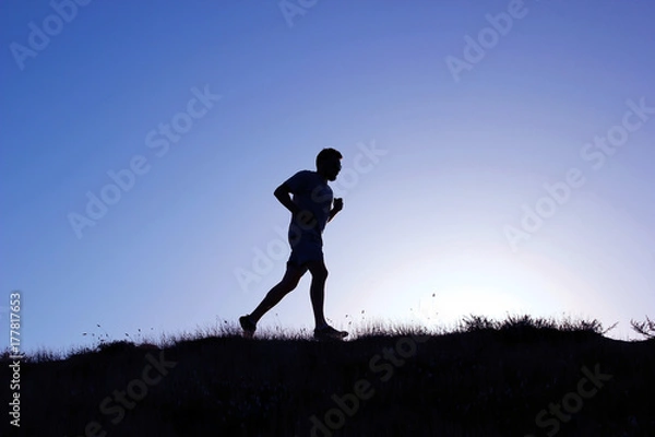 Obraz Running man silhouette at sunset