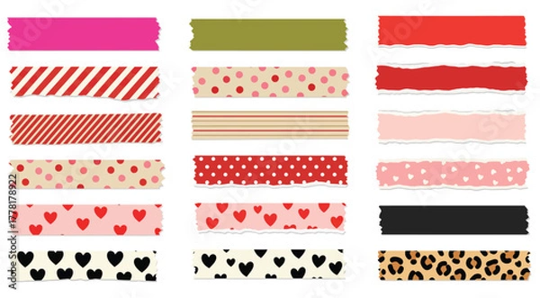 Fototapeta Vector Set of Washi Tape Collection. Decorative Adhesive Strips with Heart, Stripe, and Dot Patterns for Scrapbooking and Craft