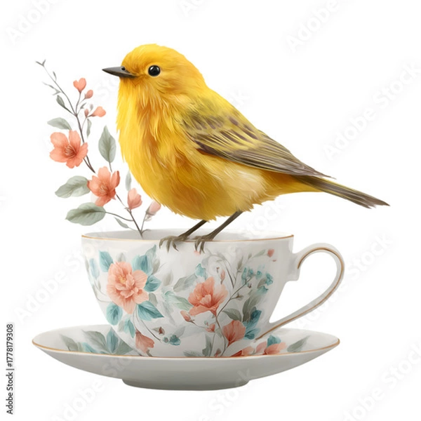 Fototapeta Bright yellow bird perching on a decorative floral teacup set