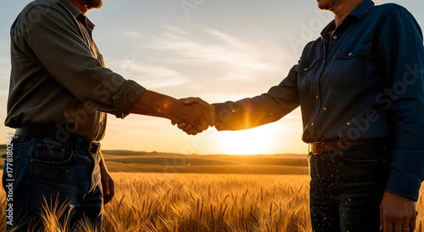 Fototapeta Two farmers shake hands in a golden wheat field during sunset. The scene conveys partnership and agricultural success.