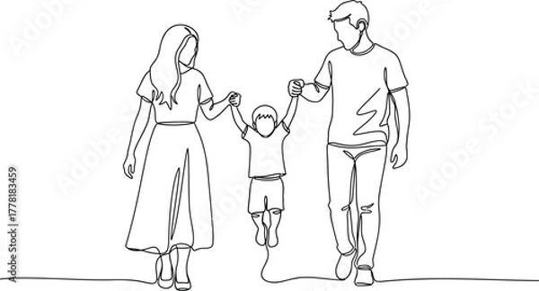Obraz Continuous One Line Drawing of Happy Family. Minimalist Art Concept for Parenthood, Childhood, and Unity Vector Illustration