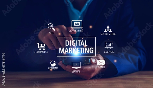 Fototapeta Digital marketing internet advertising and sales increase business technology concept, Businessman access online market, business, Ecommerce ,global marketing online network.