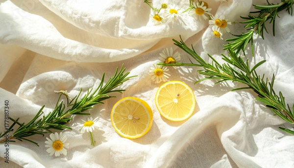 Fototapeta ハーブとレモンのナチュラルデトックス背景