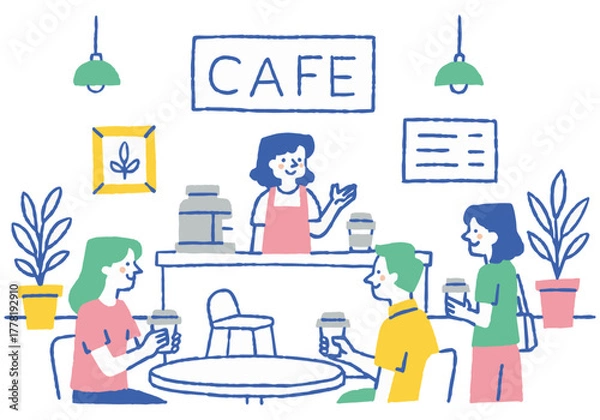 Fototapeta Coffee-loving customers and smiling staff_Color