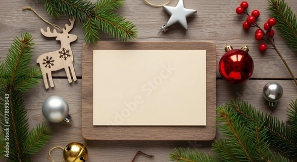 Fototapeta Christmas card mockup in kraft envelope with festive decorations on grey wooden background