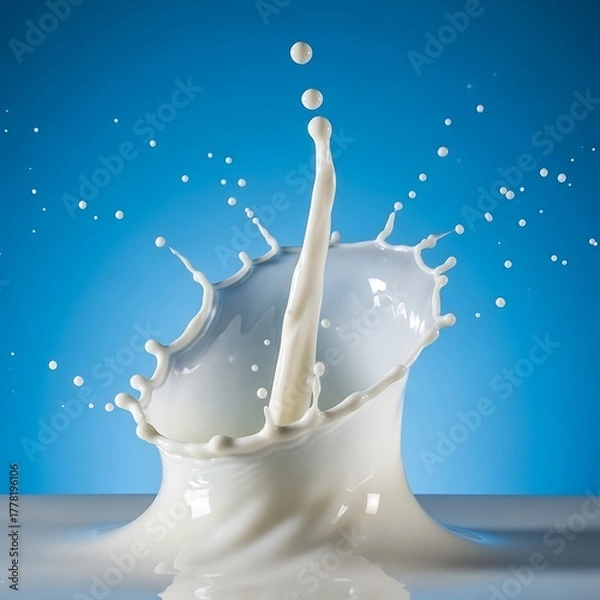 Fototapeta Dynamic Milk Splash with Droplets on Blue Background