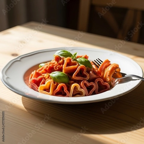 Fototapeta Heart-shaped pasta with tomato sauce and basil