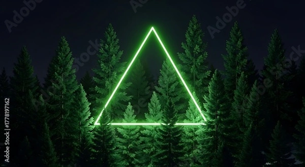 Fototapeta Neon Triangle Illuminates Dark Pine Forest at Night