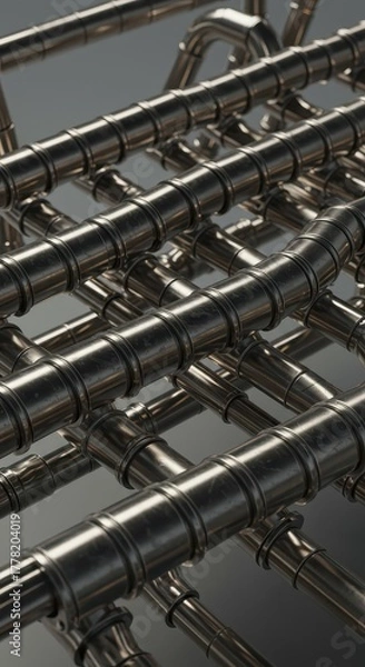 Obraz Interconnected metallic cylinders form a complex structure against a subtle background