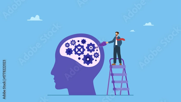Fototapeta A man climb up ladder to fix and lubricate gear cogs on his brain head. Brain maintenance, fixing emotional and mental problem, boost creativity and thinking process or improve motivation.