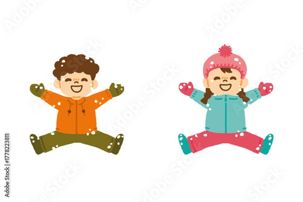 Obraz 子供 雪の上で寝転ぶ 笑っている 冬 イラスト 手描き