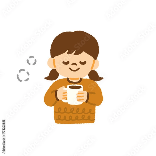 Obraz ホットココア 飲む 女の子 冬 暖かい イラスト 手描き