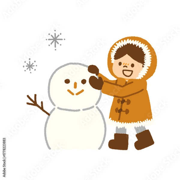 Obraz 子ども 雪だるま 作る 雪遊び 冬 冬休み イラスト 手描き