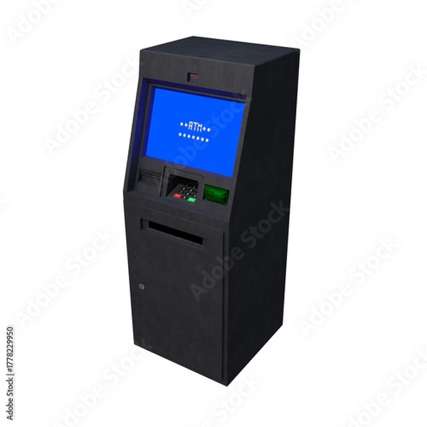 Obraz A detailed 3D rendering of a modern ATM machine with a blue digital screen, keypad, and card slot. The realistic hard-surface model represents banking, finance, money withdrawal, and transaction.
