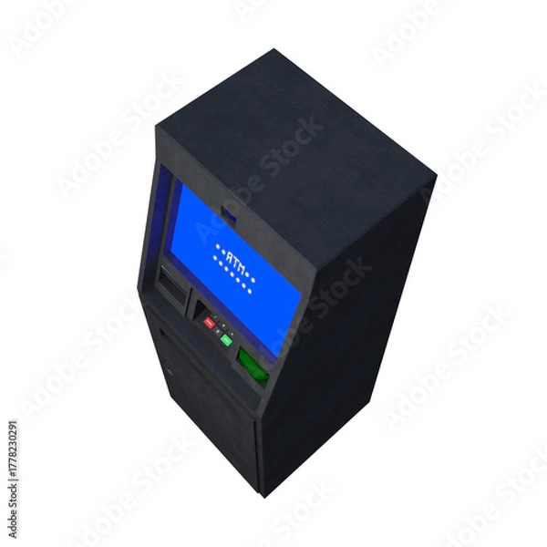 Obraz A detailed 3D rendering of a modern ATM machine with a blue digital screen, keypad, and card slot. The realistic hard-surface model represents banking, finance, money withdrawal, and transaction.