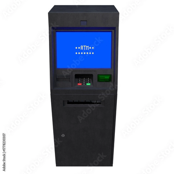 Obraz A detailed 3D rendering of a modern ATM machine with a blue digital screen, keypad, and card slot. The realistic hard-surface model represents banking, finance, money withdrawal, and transaction.