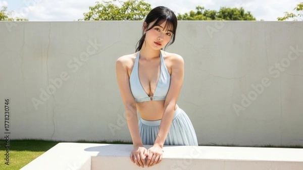 Obraz 屋外で壁に手をつき、見下ろす水着姿の女性