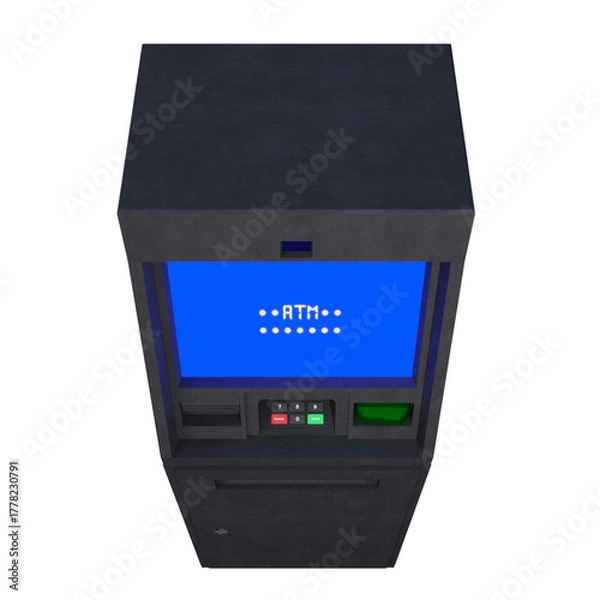 Fototapeta A detailed 3D rendering of a modern ATM machine with a blue digital screen, keypad, and card slot. The realistic hard-surface model represents banking, finance, money withdrawal, and transaction.