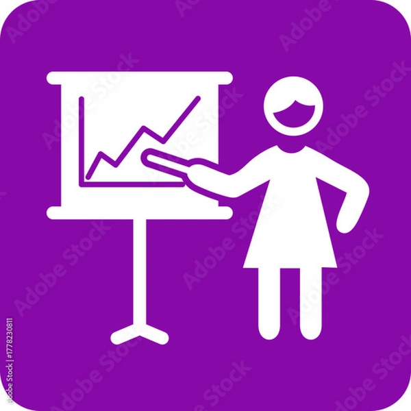 Obraz White silhouette of a woman presenting a rising graph on a whiteboard with a pointer stick against a purple background