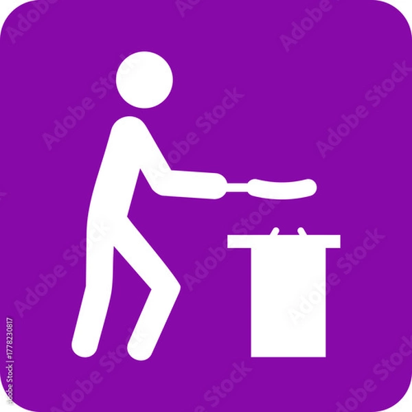 Obraz White stick figure person cooking a sausage over a trash can on a purple background