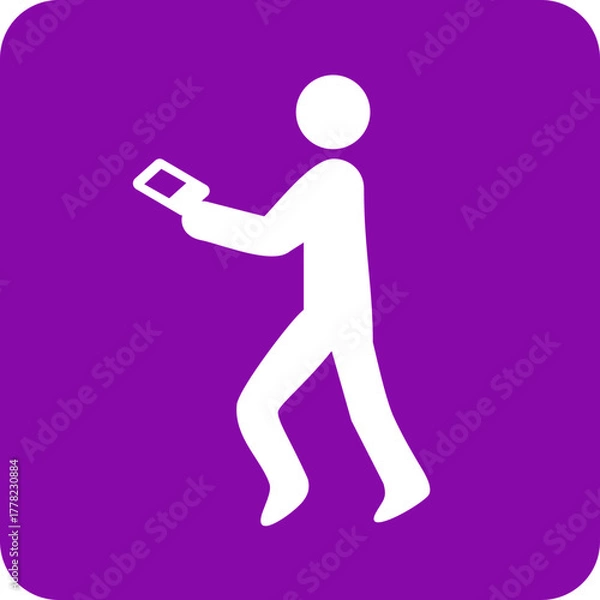 Obraz White silhouette of a person walking while holding and looking at a tablet computer on a purple background