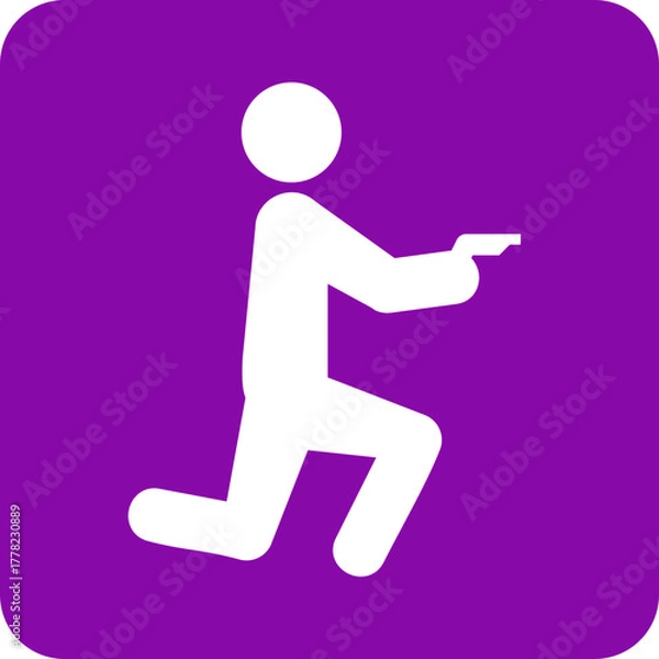 Obraz White silhouette of a person kneeling and aiming a handgun on a vibrant purple square background with rounded corners