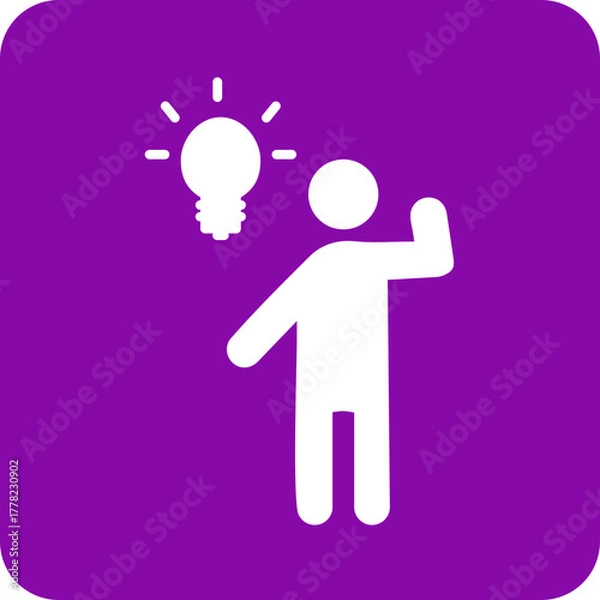 Obraz White silhouette of a person with a bright idea symbolized by a glowing light bulb above their head on a purple background