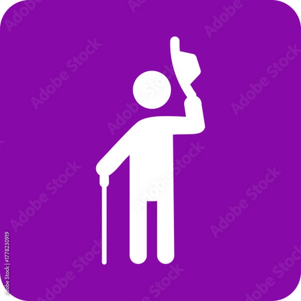Obraz White silhouette of a person tipping a hat and holding a cane on a purple square background