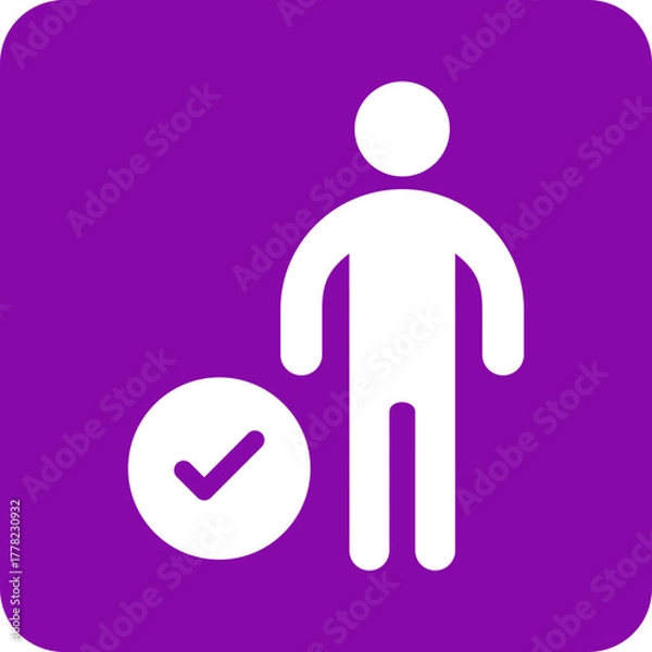 Obraz White silhouette of a person standing next to a circle with a checkmark inside on a purple background