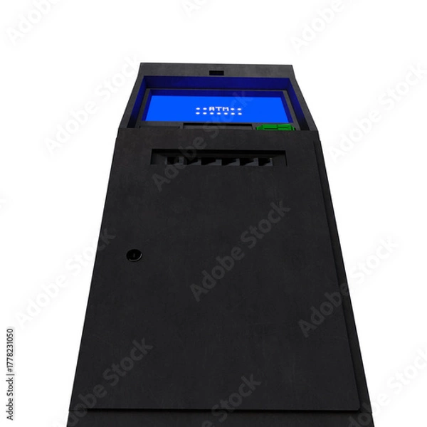Obraz A detailed 3D rendering of a modern ATM machine with a blue digital screen, keypad, and card slot. The realistic hard-surface model represents banking, finance, money withdrawal, and transaction.
