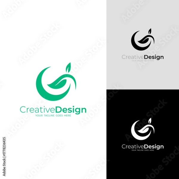 Fototapeta letter G logo with green leaves in flat vector design style