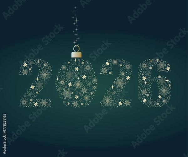 Fototapeta Happy New Year 2026. Numbers with snowflakes on dark green background, abstract design. Vector illustration.	