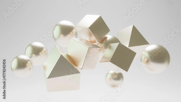 Fototapeta A collection of various geometric shapes, including spheres, cubes, and pyramids, are suspended in a light, airy environment with subtle shading and highlights.