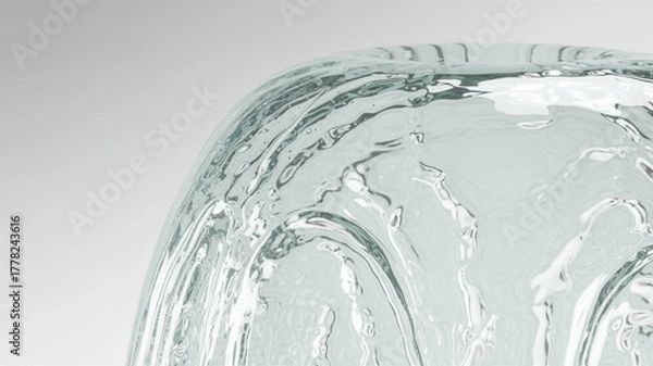 Fototapeta Close up abstract view of clear liquid with swirling patterns. An abstract, close-up view of clear liquid, showcasing intricate swirling patterns and textures. The light reflects off the 