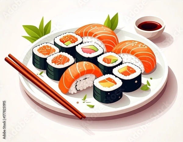 Obraz Flat Vector Japanese Sushi Illustration Isolated on White Background