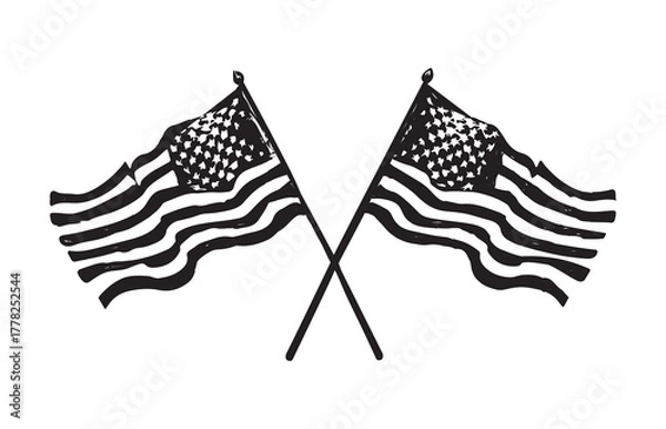 Fototapeta Two crossed black American flag logos with stars and stripes. Patriotic look of the American flag. Highlighting the elegance of the American flag. Vintage illustration isolated on white, vector.