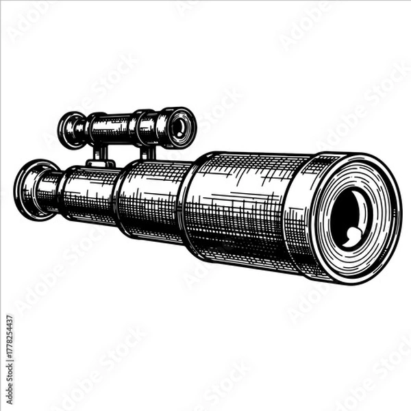Fototapeta Hand drawn vintage spyglass with sight as an old optical instrument. Engraving style. Vector illustration for travel, adventure, discovery concept