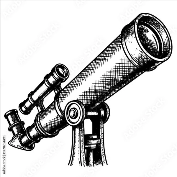 Fototapeta Vintage astronomical telescope with detailed texture for viewing stars and planets. Engraving sketch style isolated element. Vector illustration for science, discovery and education concept.
