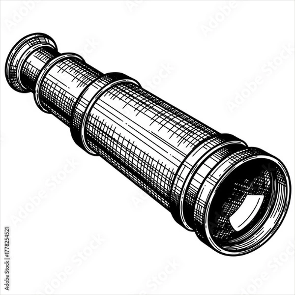 Fototapeta Antique monocular, nautical exploration tool. Vintage telescope for pirate adventure concept. Engraving style. Vector illustration for travel, discover