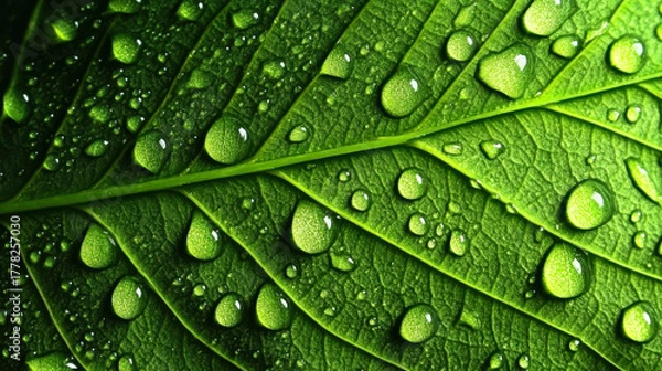 Fototapeta fresh green leaf covered with raindrops and highlighted by the sun