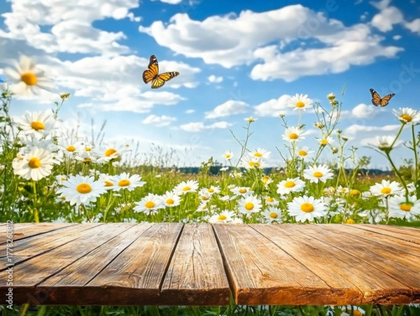 Fototapeta beautiful summer spring meadow with blooming field daisies and fluttering butterflies