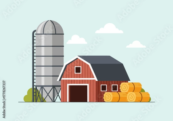 Obraz Flat illustration of a red barn tall silo and hay bales under a pale blue sky