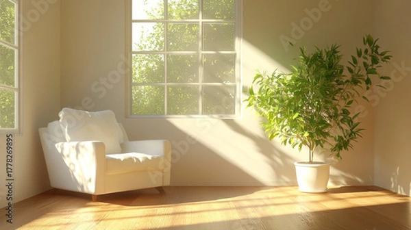Obraz minimal and modern Living room interior with plant and armchair