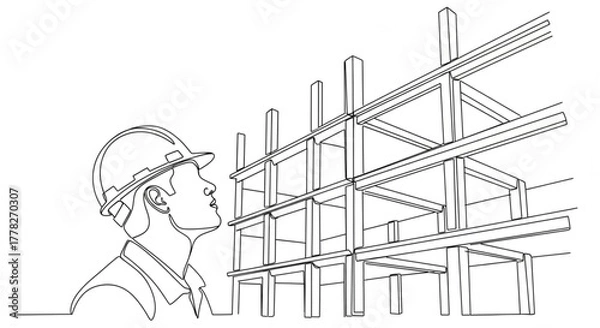 Obraz Continuous line drawing of a male engineer or architect in a hard hat looking up at a building under construction, representing supervision and structural analysis.