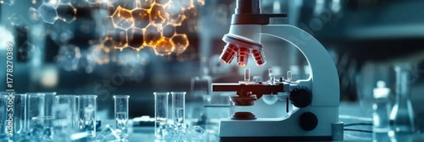 Obraz high-tech microscope is surrounded by laboratory glassware and molecular structures